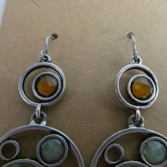 Silver Tone Abalone Shell Rhinestone Jeweled Dangle Earrings Pierced Circle - Picture 4 of 7